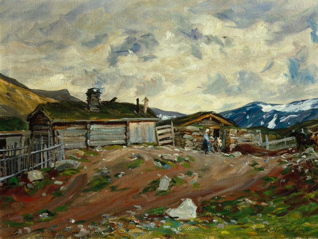 Maso di montagna con donna e mucca